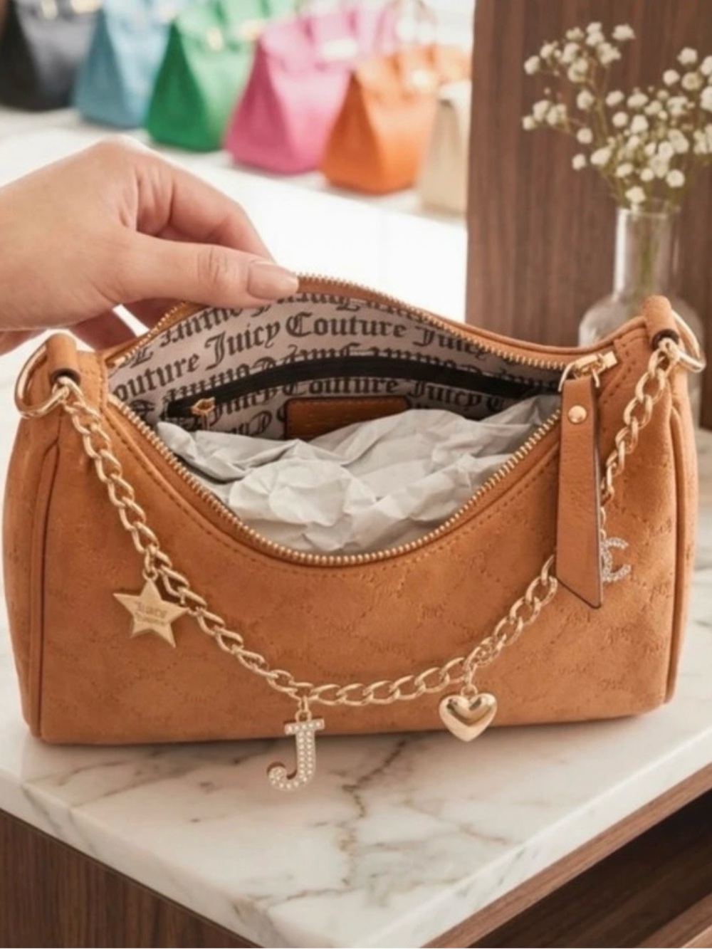 Juicy Couture Tan Suede Chain Charm Shoulder Bag